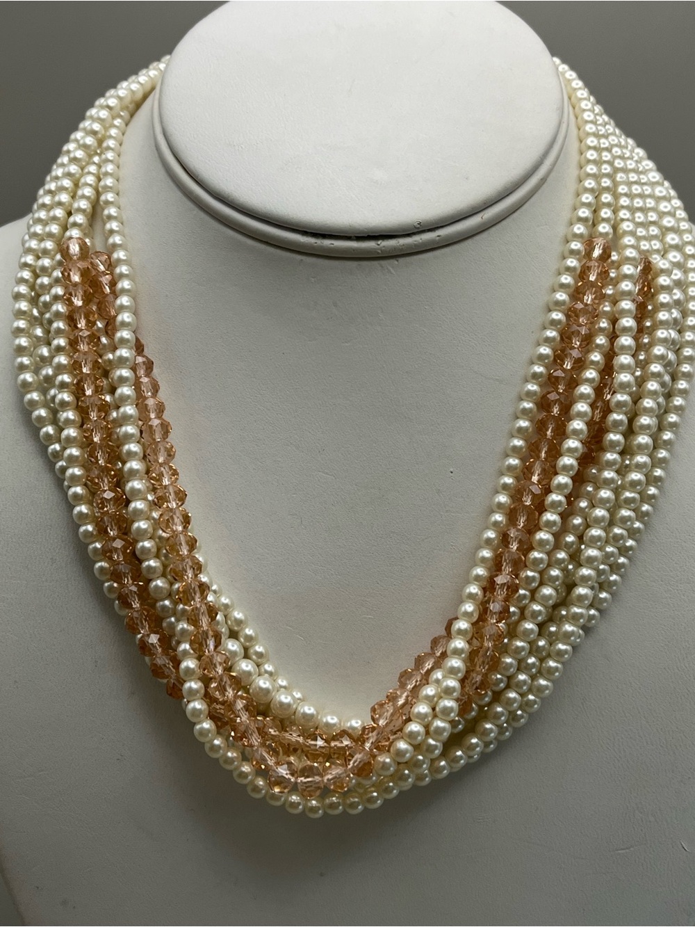 Vintage 8 Strand Pearl Choker Necklace | Faux Pearl & Champagne Pink Crystal